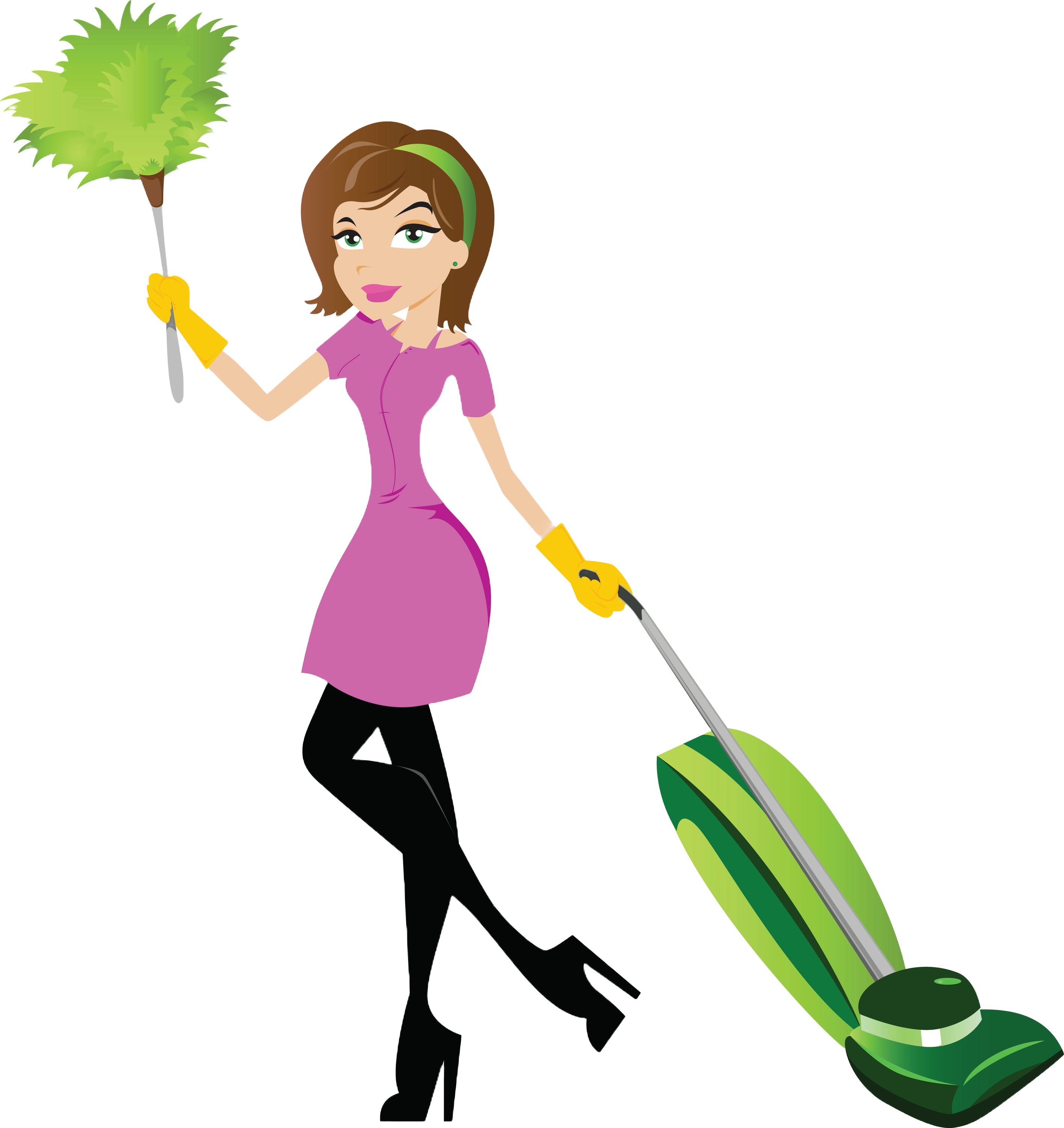 cartoon maid with duster and vacuum